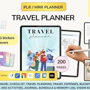 Pode incluir: Planeador de viagens digital com o texto "TRAVEL planner" na capa. Inclui mais de 1800 autocolantes PNG, 100 capas e 200 páginas. Apresenta páginas diárias e semanais, planeamento de viagens e uma lista de desejos.