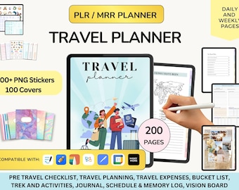 May include: Digital travel planner with the text "TRAVEL planner" on the cover. Includes 1800+ PNG stickers, 100 covers, and 200 pages. Features daily and weekly pages, travel planning, and a bucket list. Compatible with various apps.