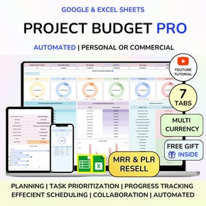 PLR Project Budget Tracker Spreadsheet Project Cost Template Job Costing Google Sheets Excel Business Income and Expense