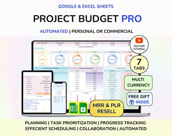 Hoja de cálculo de seguimiento de presupuesto de proyecto PLR Plantilla de costos de proyecto Costeo de trabajos Google Sheets Excel Ingresos y gastos comerciales