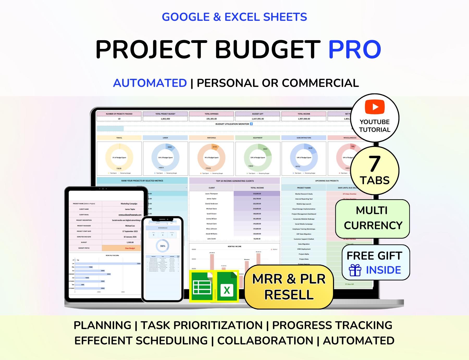 PLR Project Budget Tracker Spreadsheet Project Cost Template Job Costing Google Sheets Excel Business Income and Expense