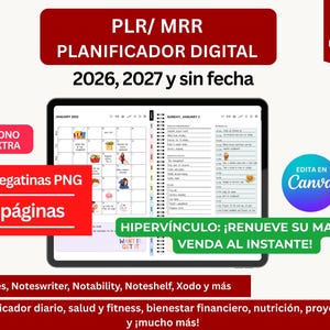 Könnte beinhalten: Digitaler Planer auf einem Tablet-Bildschirm, mit einem Kalender-Layout mit farbenfrohen Symbolen und einem detaillierten Tagesplan. Das Bild enthält spanischen Text: "PLR/MRR Planificador Digital 2026, 2027 y sin fecha" und "6000 pegatinas PNG, 560 páginas".