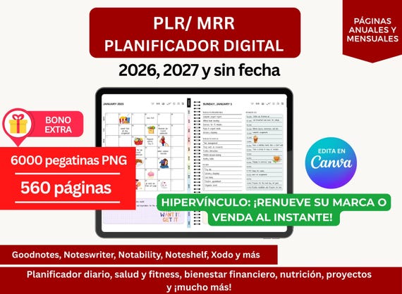 PLR Espanol Calendario 2026 español, Spanish 2026 Digital Planner, planificador digital, agenda digital, calendario digital,