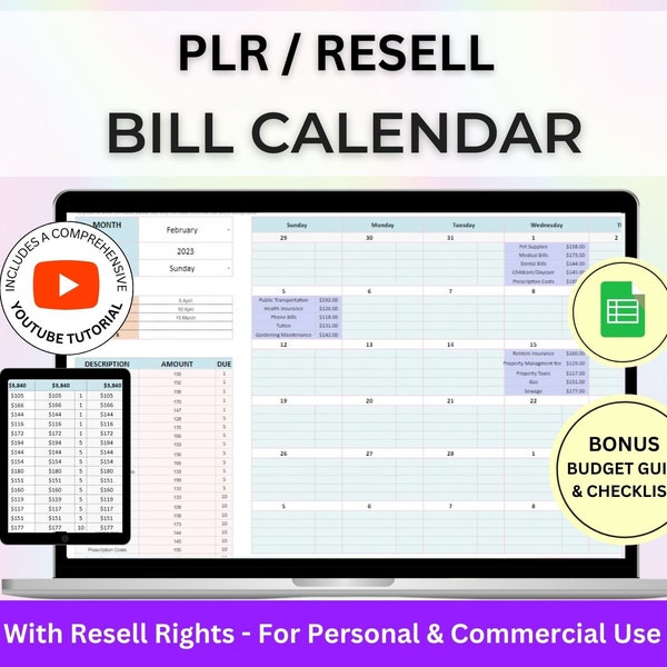 MRR PLR Bill Tracker Spreadsheet Google Spreadsheets, Bill Kalender Maandelijkse Smart Bill Planner Bewerkbare Bills Planner Kalender Persoonlijke financiën