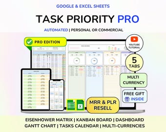 Plantilla de hoja de cálculo para seguimiento de tareas PLR, Hojas de cálculo de Google, Lista de tareas digitales, Excel, Lista de prioridades de tareas diarias, Gestión de proyectos en equipo