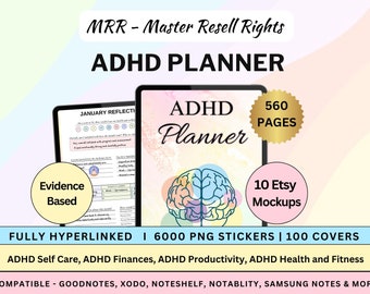 Mrr PLR Adhd Planner, ADHD Editable Canva Planner, Hyperlinked PLR Digital Planner, Plr Mental Health, Resell Adhd planner, Master Resell
