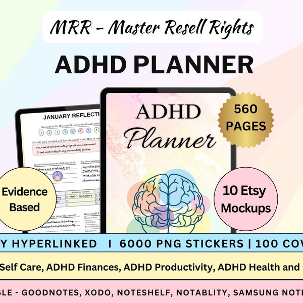 Mrr PLR Adhd Planner, ADHD Editable Canva Planner, Hyperlinked PLR Digital Planner, Plr Mental Health, Resell Adhd planner, Master Resell