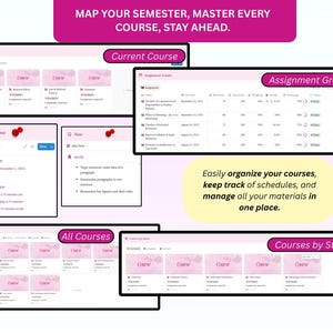 Pode incluir: Uma interface digital em rosa e branco, exibindo ferramentas de gerenciamento de cursos. A interface inclui se&ccedil;&otilde;es para cursos atuais, notas, notifica&ccedil;&otilde;es e todos os cursos. O texto diz: "Mapeie seu semestre, domine cada curso, fique &agrave; frente."