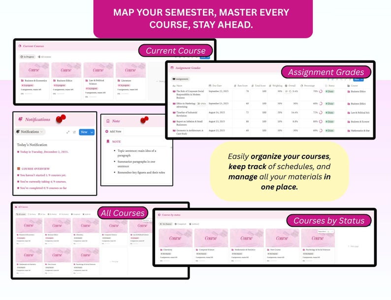 Pode incluir: Uma interface digital em rosa e branco, exibindo ferramentas de gerenciamento de cursos. A interface inclui se&ccedil;&otilde;es para cursos atuais, notas, notifica&ccedil;&otilde;es e todos os cursos. O texto diz: "Mapeie seu semestre, domine cada curso, fique &agrave; frente."