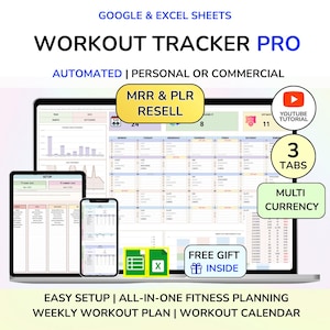 PLR Workout Planner Exercise Tracker Spreadsheet Fitness Planner Template Gym Checklist Weightlifting Training Calendar Pilates MRR