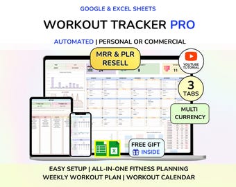 PLR Workout Planner Exercise Tracker Spreadsheet Fitness Planner Template Gym Checklist Weightlifting Training Calendar Pilates MRR