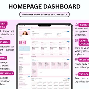 Pode incluir: Interface digital para um painel da p&aacute;gina inicial, com o texto "Homepage Dashboard" e "Organize seus estudos sem esfor&ccedil;o". A tela exibe o perfil do aluno, navega&ccedil;&atilde;o, bot&otilde;es, notifica&ccedil;&otilde;es, tarefas, vis&atilde;o geral da turma, rastreador de h&aacute;bitos e calend&aacute;rio de tarefas.