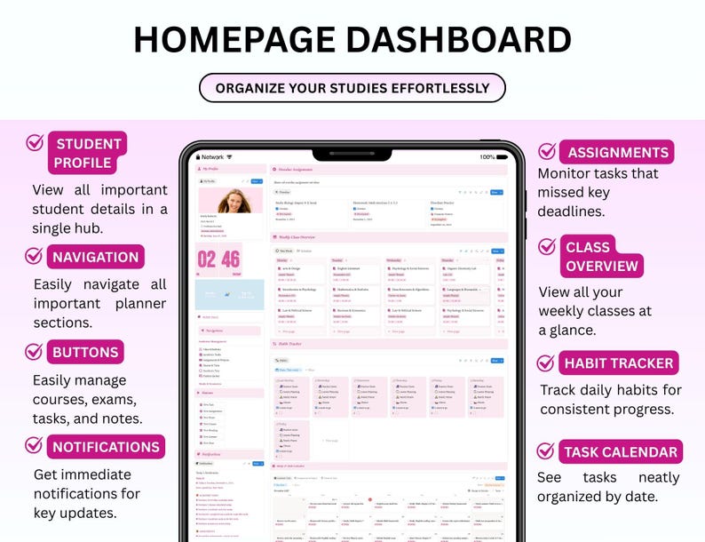 Pode incluir: Interface digital para um painel da p&aacute;gina inicial, com o texto "Homepage Dashboard" e "Organize seus estudos sem esfor&ccedil;o". A tela exibe o perfil do aluno, navega&ccedil;&atilde;o, bot&otilde;es, notifica&ccedil;&otilde;es, tarefas, vis&atilde;o geral da turma, rastreador de h&aacute;bitos e calend&aacute;rio de tarefas.
