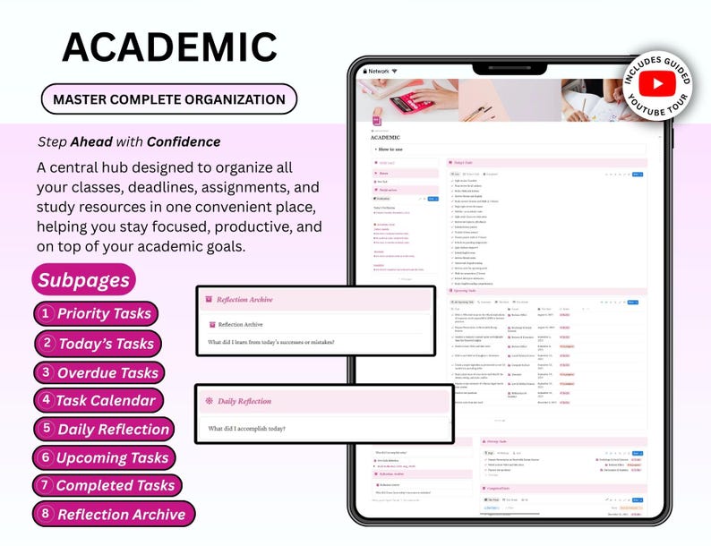 Ultimate Pink Notion Student Planner 2026 ADHD University Dashboard Aesthetic Student Planner School Planner Academic Planner