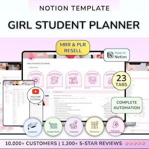 PLR Pink Notion Student Planner University Dashboard Aesthetic Student Planner School Planner Academic Planner Girl planner Girl notion MRR