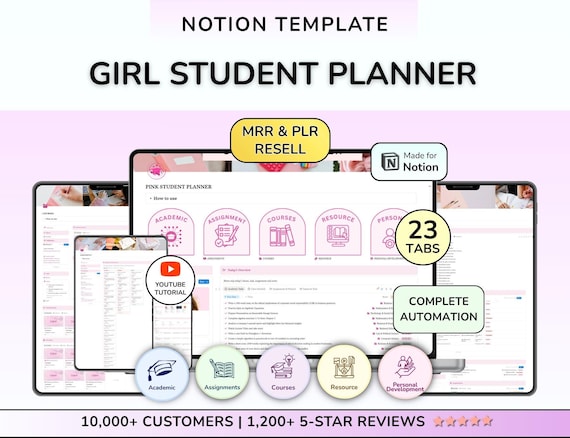 PLR Pink Notion Student Planner University Dashboard Aesthetic Student Planner School Planner Academic Planner Girl planner Girl notion