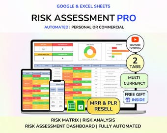 May include: A digital risk assessment dashboard for Google Sheets and Excel featuring a risk matrix, automated charts, and tables. The display includes text labels such as Risk Assessment Pro, Youtube Tutorial, 2 Tabs, Multi Currency, and MRR & PLR Resell.
