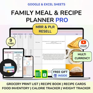 PLR Meal Planner Recipe Spreadsheet Instant Download Digital Download Recipe Planner PLR Google Sheets MRR Digital Product
