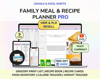 Planificador de comidas PLR Hoja de cálculo de recetas Descarga instantánea Descarga digital Planificador de recetas PLR Hojas de cálculo de Google MRR