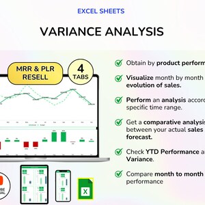 May include: A laptop screen displays a variance analysis chart with green and red bars, and a line graph. The text "VARIANCE ANALYSIS" is above the chart. Below are icons for YouTube, a tablet, a phone, and an Excel file.