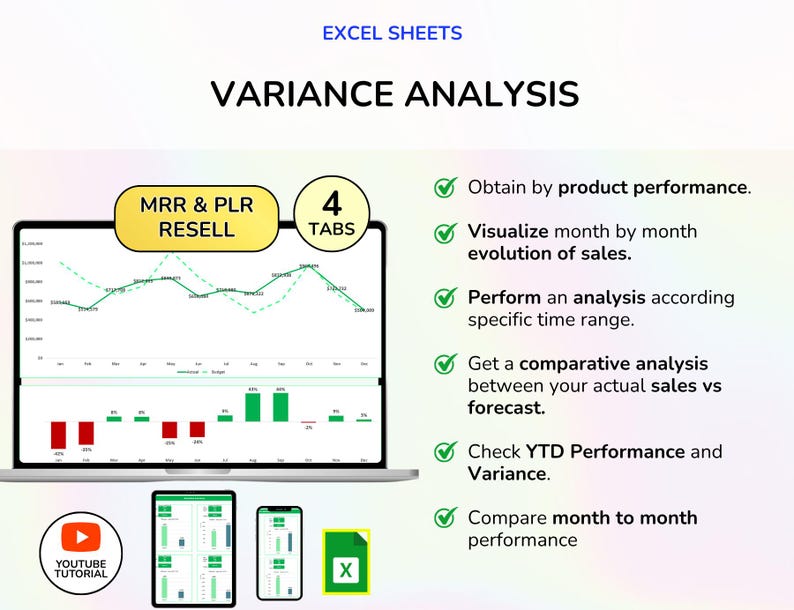 May include: A laptop screen displays a variance analysis chart with green and red bars, and a line graph. The text "VARIANCE ANALYSIS" is above the chart. Below are icons for YouTube, a tablet, a phone, and an Excel file.