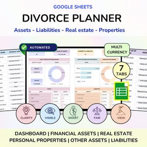 May include: A Google Sheets divorce planner template featuring a dashboard for tracking assets, liabilities, real estate, and properties. The interface includes automated calculations, multi-currency support, seven tabs, and charts for asset and liability distribution.