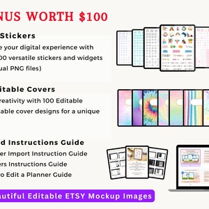 May include: A digital planner bundle with 6,000 stickers, 100 editable covers, and a detailed instructions guide. The bundle also includes 10 beautiful editable Etsy mockup images. The stickers are shown in a variety of colors and designs, including rainbow, tie-dye, and marble.