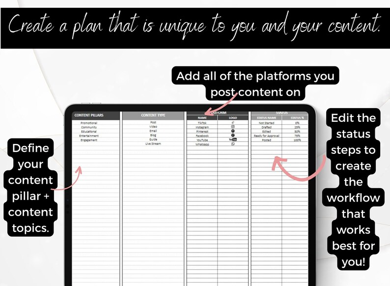 Social Media Planner, Content Calendar, Content Creator, Social Media Manager, Content Planner, Social Media Tool, Content Spreadsheet, PLR Spreadsheet, Instagram Planner, Marketing Planner, Digital Planner, Virtual Assistant