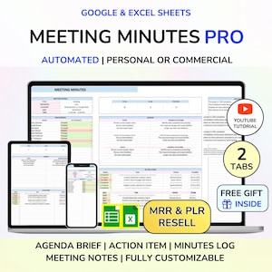 PLR Meeting Minutes Google Sheets Excel Template | Action Items | Agenda | Organize | Planner Spreadsheet MRR