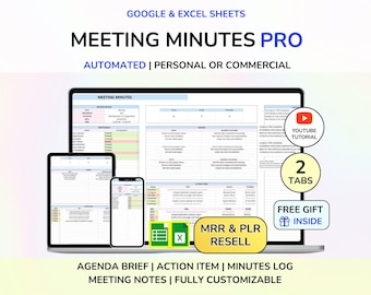 PLR Meeting Minutes Google Sheets Excel Template | Action Items | Agenda | Organize | Planner Spreadsheet MRR