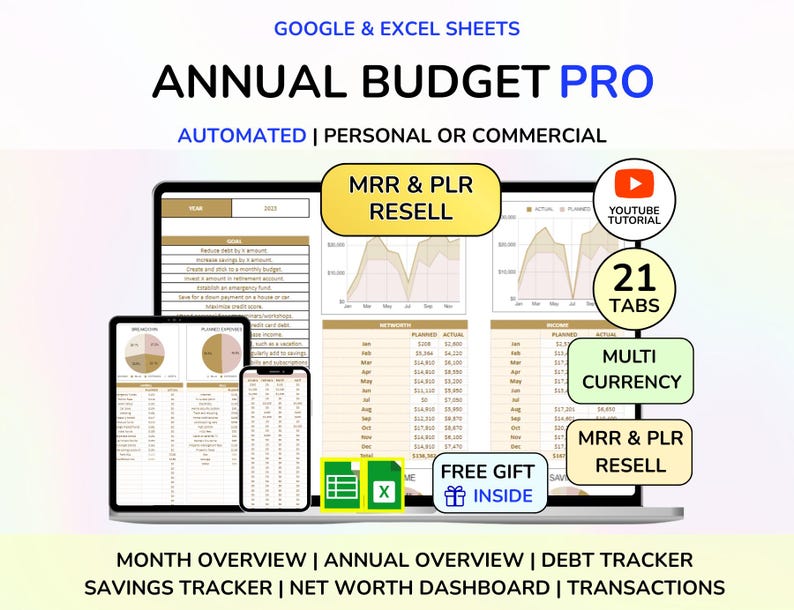 PLR Budget Tracker Budget Planner Budget Dashboard Budget Template Excel Google Sheets Spreadseet Template Finance Tracker Finance MRR