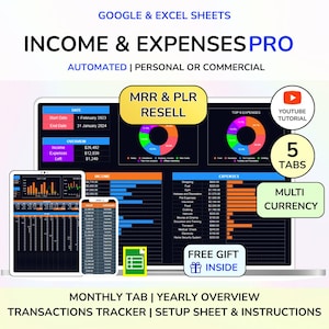 PLR Income and Expense Tracker Spreadsheet Personal Financial Planner Spreadsheet Monthly Expense Tracker Google Sheets Dark Mode MRR