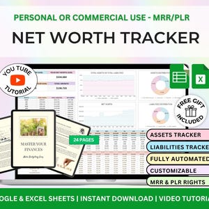 PLR Net Worth Tracker Excel Spreadsheet Google Sheets Net Worth Calculator Dashboard Assets & Liabilities Template Personal Finance Planner