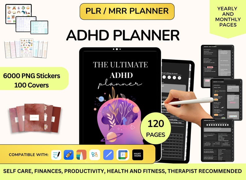 MRR PLR Dark Adhd Planner, PLR Digital Planner, Plr Journal, Master Resell Rights, Resell Dark Planners, Dark Planners, Adhd dark Mode