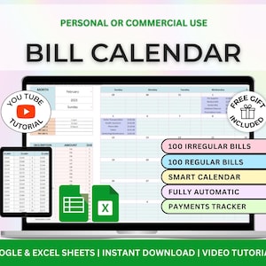 Bill Calendar Bill Tracker Spreadsheet Google Sheets Excel Sheet Monthly Bill Planner Bill Payment Dashboard Personal Finance Excel