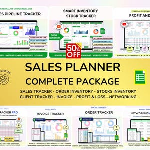 Pode incluir: Um pacote completo de planeamento de vendas para Google Sheets com vários rastreadores automatizados para pipeline de vendas, inventário, lucros e perdas, clientes, faturas, encomendas e networking, com pré-visualizações de painéis.