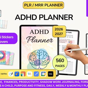 PLR Adhd Planner 2026 2027 Adhd ipad planner, Adhd planner adult, Plr adhd planner, Neurodivergent Adhd, Adhd workbook, Adhd Calendar