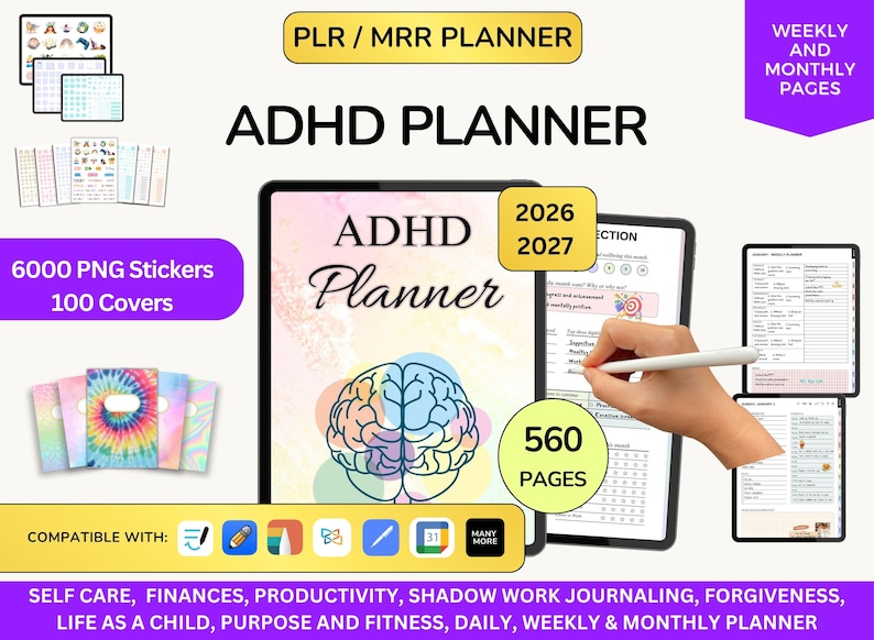 PLR Adhd Planner 2026 2027 Adhd ipad planner, Adhd planner adult, Plr adhd planner, Neurodivergent Adhd, Adhd workbook, Adhd Calendar