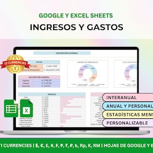 Puede incluir: Una plantilla de hoja de cálculo digital para Google Sheets y Excel en una pantalla de portátil, con seguimiento de ingresos y gastos, gráficos circulares y tablas financieras. La interfaz incluye etiquetas como INGRESOS Y GASTOS.