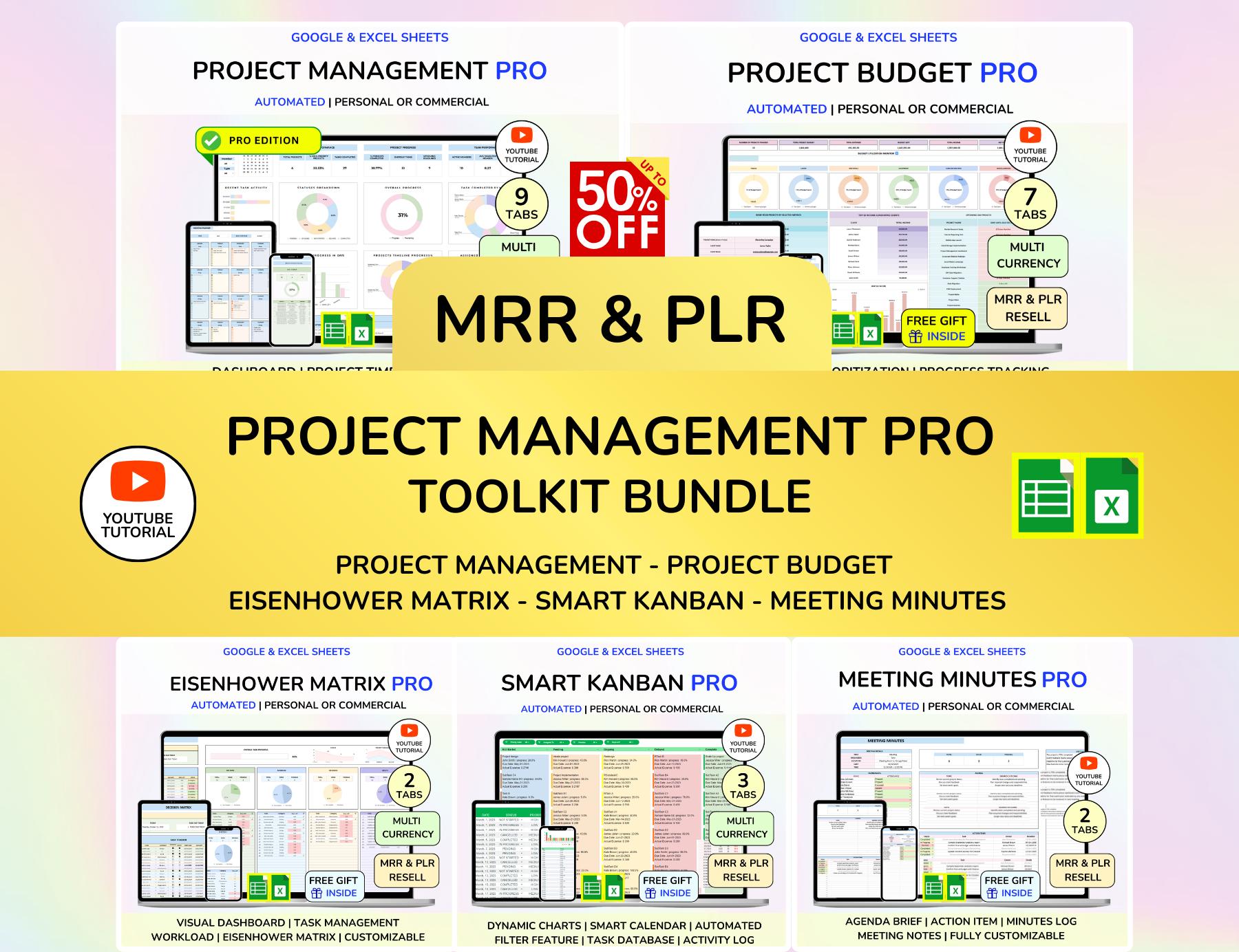 PLR Project Management Project Budget Project Planner Gantt Chart Kanban Meeting Minutes Eisenhower PLR Bundle Digital product MRR Download