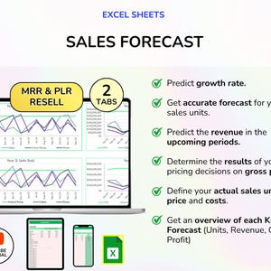 May include: A laptop screen displaying a sales forecast chart with the text "SALES FORECAST" and "EXCEL SHEETS". Additional devices include a tablet and a smartphone. The image also includes the text "Predict growth rate" and "Get accurate forecast for your sales units."
