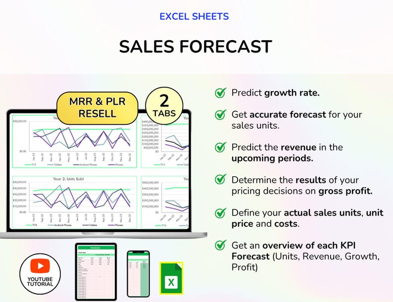 May include: A laptop screen displaying a sales forecast chart with the text "SALES FORECAST" and "EXCEL SHEETS". Additional devices include a tablet and a smartphone. The image also includes the text "Predict growth rate" and "Get accurate forecast for your sales units."