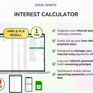 May include: A digital graphic promoting an interest calculator for Excel sheets. The image features a laptop, tablet, and phone displaying the calculator interface. Text includes "Interest Calculator," and bullet points describing features. A YouTube tutorial icon is also present.