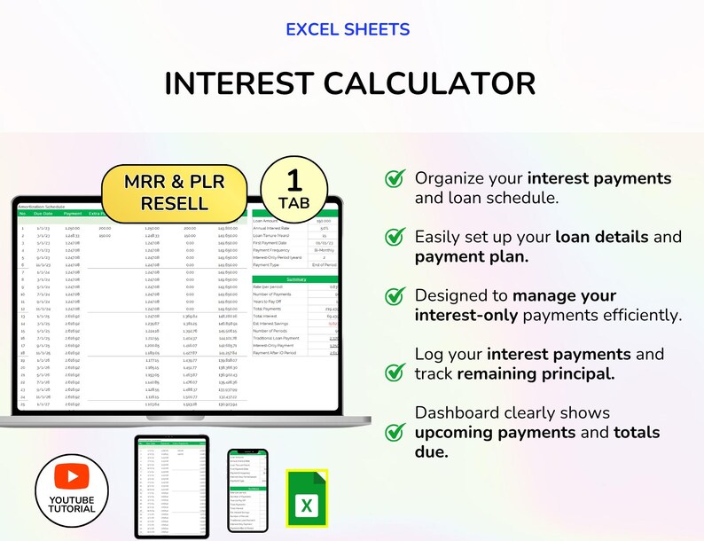 May include: A digital graphic promoting an interest calculator for Excel sheets. The image features a laptop, tablet, and phone displaying the calculator interface. Text includes "Interest Calculator," and bullet points describing features. A YouTube tutorial icon is also present.