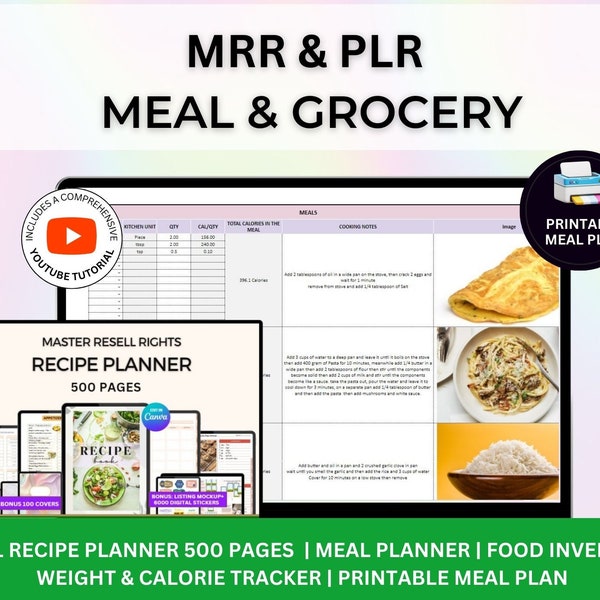 PLR Weekly Meal Planner Spreadsheet Google Sheets Calorie Counter Recipe Builder Pantry Inventory Automatic Shopping List Food Prep Log