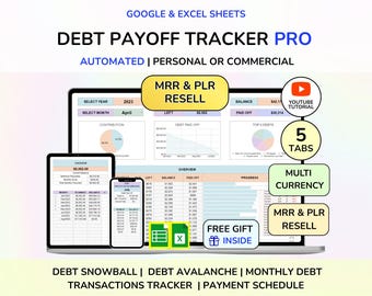 PLR Debt Tracker Excel Google sheets Debt Snowball Digital Debt Tracker Financial Planner Debt Payment Monthly Budget Digital Product