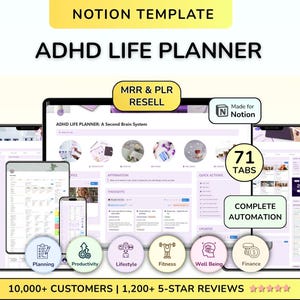 PLR ADHD Second Brain Advanced Notion Life Planner All in One Notion Aesthetic Notion Digital planner Digital Download Digital Product MRR