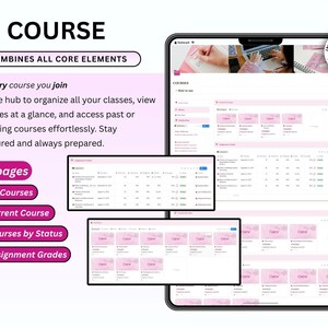 Pode incluir: Um tablet digital exibindo uma interface de aplicativo de gerenciamento de cursos. A interface &eacute; principalmente branca e rosa, com se&ccedil;&otilde;es para cursos, subp&aacute;ginas e notas. O texto inclui "COURSE" e "COMBINES ALL CORE ELEMENTS".