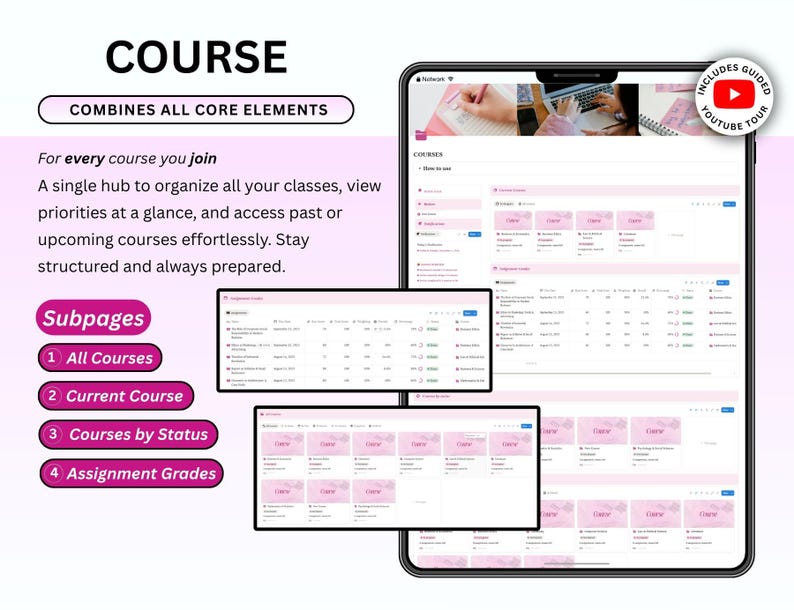 Pode incluir: Um tablet digital exibindo uma interface de aplicativo de gerenciamento de cursos. A interface &eacute; principalmente branca e rosa, com se&ccedil;&otilde;es para cursos, subp&aacute;ginas e notas. O texto inclui "COURSE" e "COMBINES ALL CORE ELEMENTS".