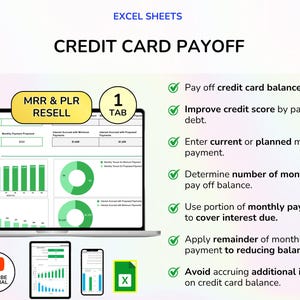 May include: A digital spreadsheet titled "Credit Card Payoff" displayed on a laptop, tablet, and smartphone. The spreadsheet includes charts and graphs, with the text "MRR & PLR RESELL" and "1 TAB". The image also includes a YouTube tutorial icon and an Excel file icon.